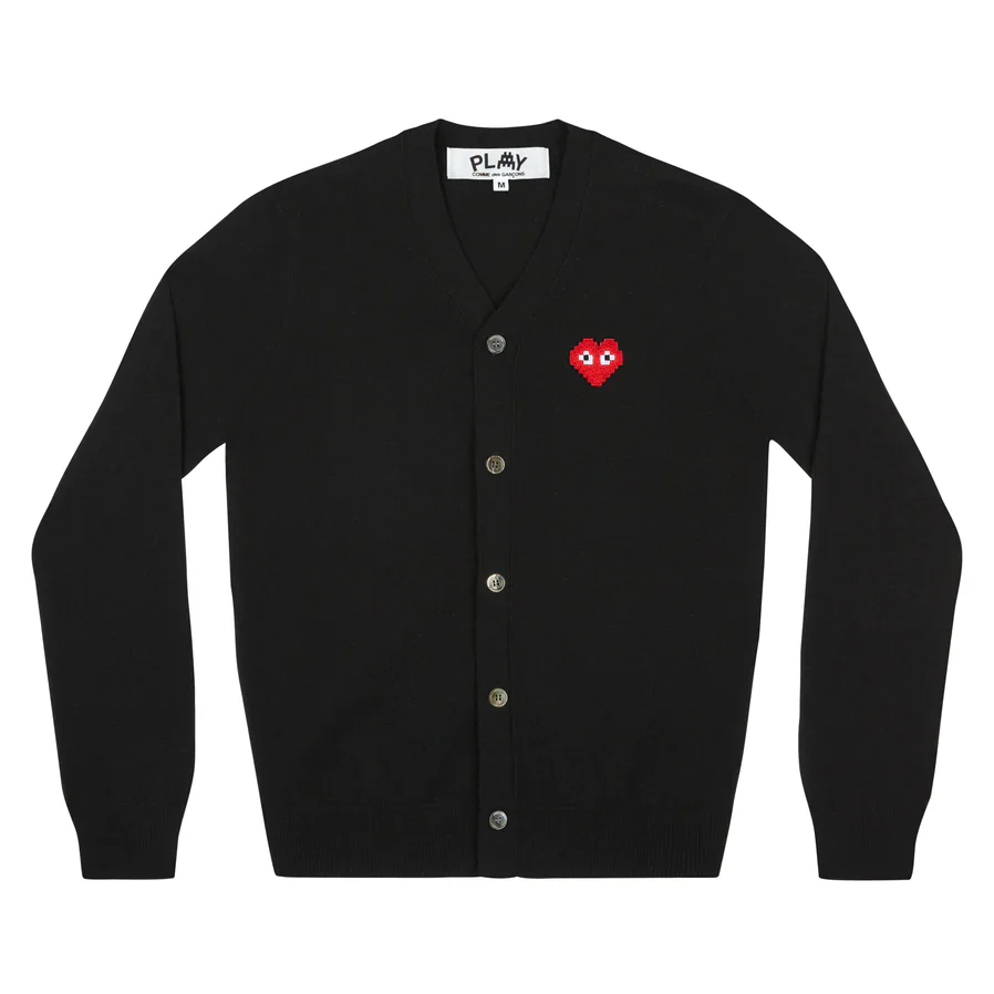 PLAY V-Neck Cardigan Invader Emblem (Black)