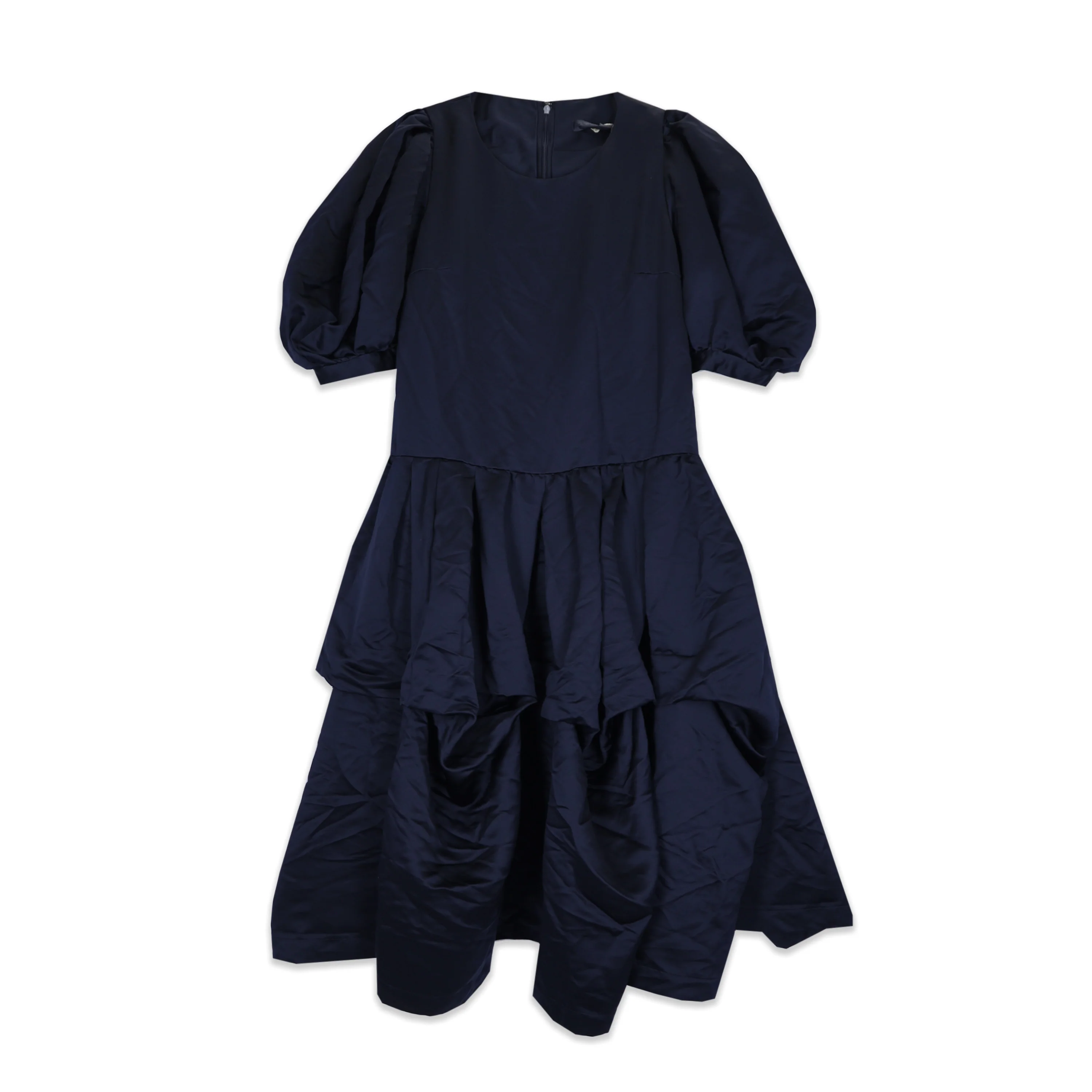 Navy Satin Gathered Tuck Dress