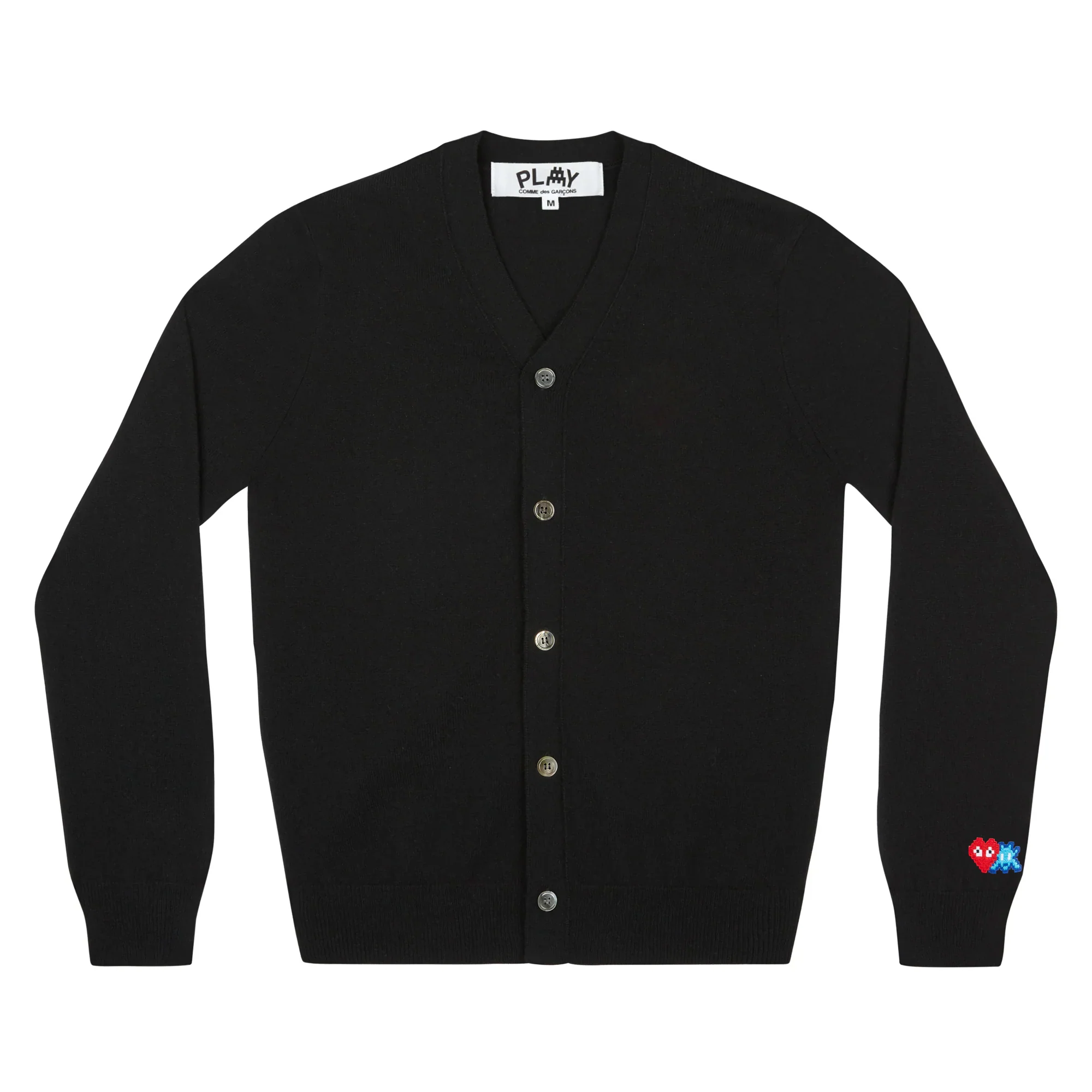 PLAY V-Neck Cardigan Invader Red Heart and Blue Emblem (Black)